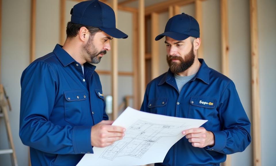 Special Ops Plumbing team members in professional uniforms reviewing a blueprint at a job site, signifying teamwork and planning.
