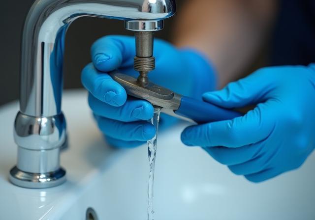Plumber's hands working on a modern bathroom faucet, fixing a leak.
