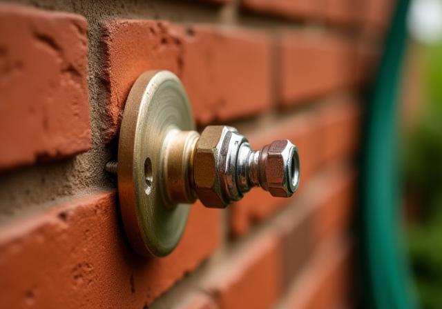 An outdoor hose bib being replaced on a brick wall.