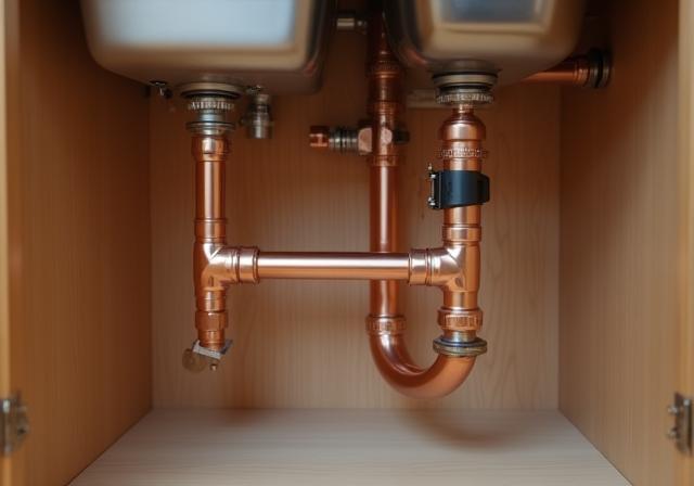Clean copper pipes and P-trap under a kitchen sink.