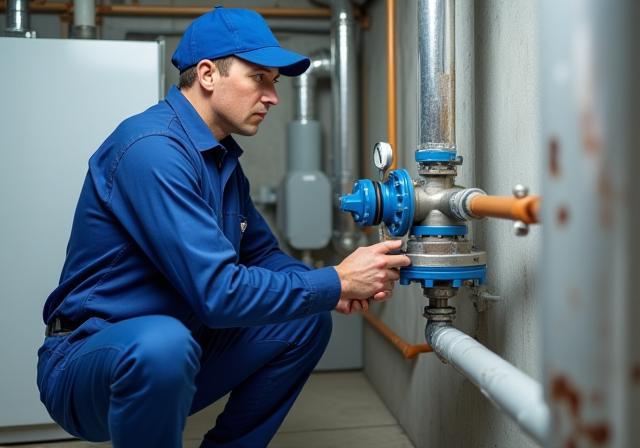 A plumber inspecting a residential main water shut-off valve.