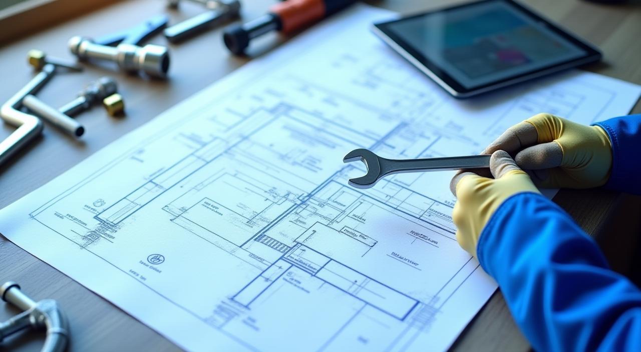 A professional plumber's hand adjusting a pipe with tools and blueprints on a table, symbolizing meticulous work and planning.